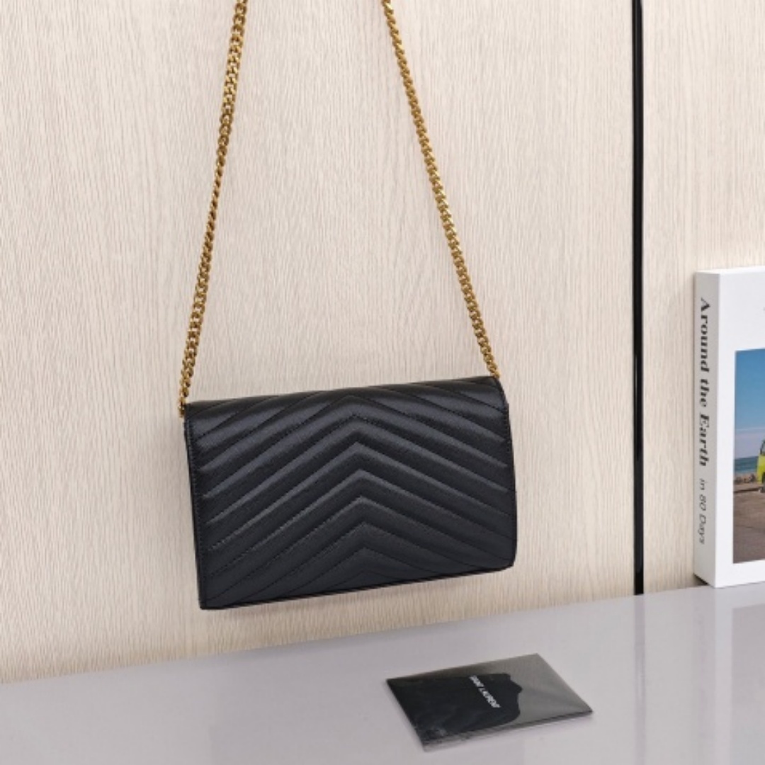 SAINT LAURENT YSL ENVELOPE, Grained Calfskin, Crossbody / Shoulder Bag, Women's Style, Black