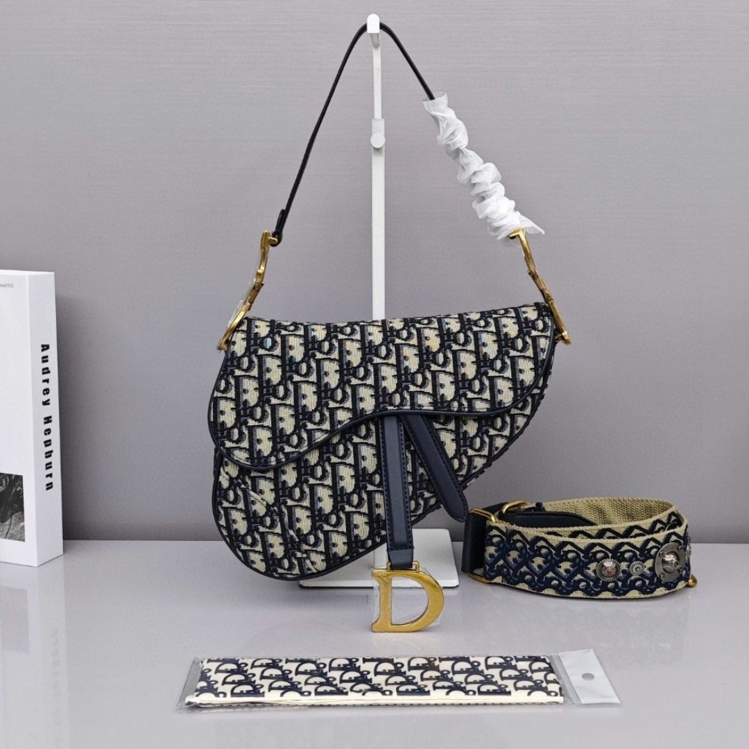 DIOR Saddle, Magnetic Snap - Closure Print Fabric Saddle Bag, Shoulder, Cross - body and Handheld Bag, Medium Size, Women's Style, Blue