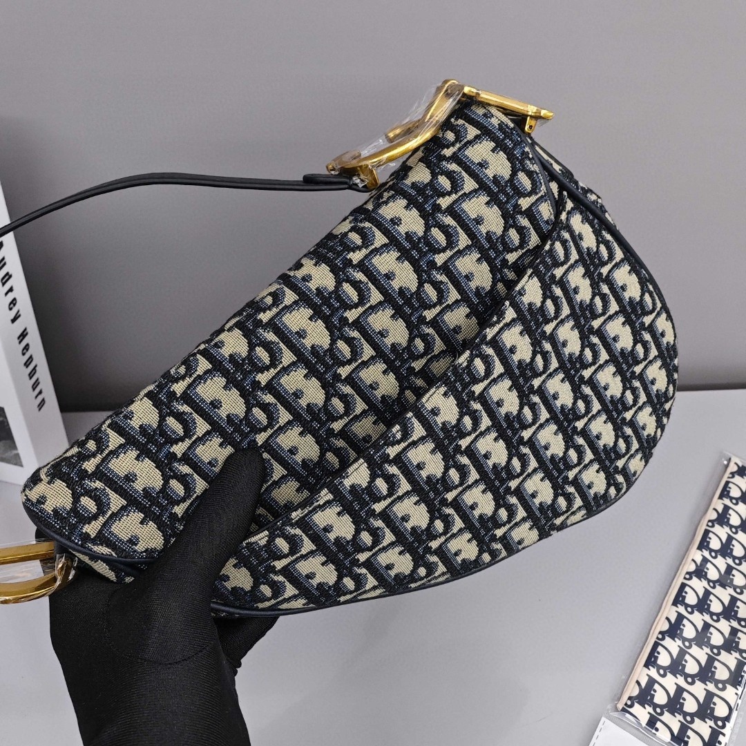 DIOR Saddle, Magnetic Snap - Closure Print Fabric Saddle Bag, Shoulder, Cross - body and Handheld Bag, Medium Size, Women's Style, Blue
