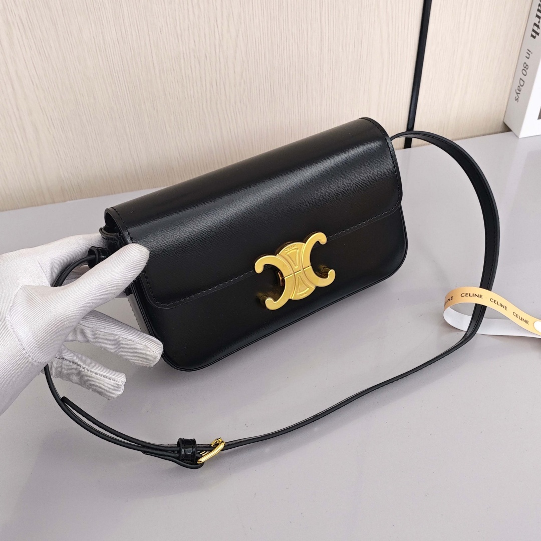 CELINE Triomphe, Glossy Cowhide Leather Under - Arm Handheld and Shoulder Bag, Women's Style, Black