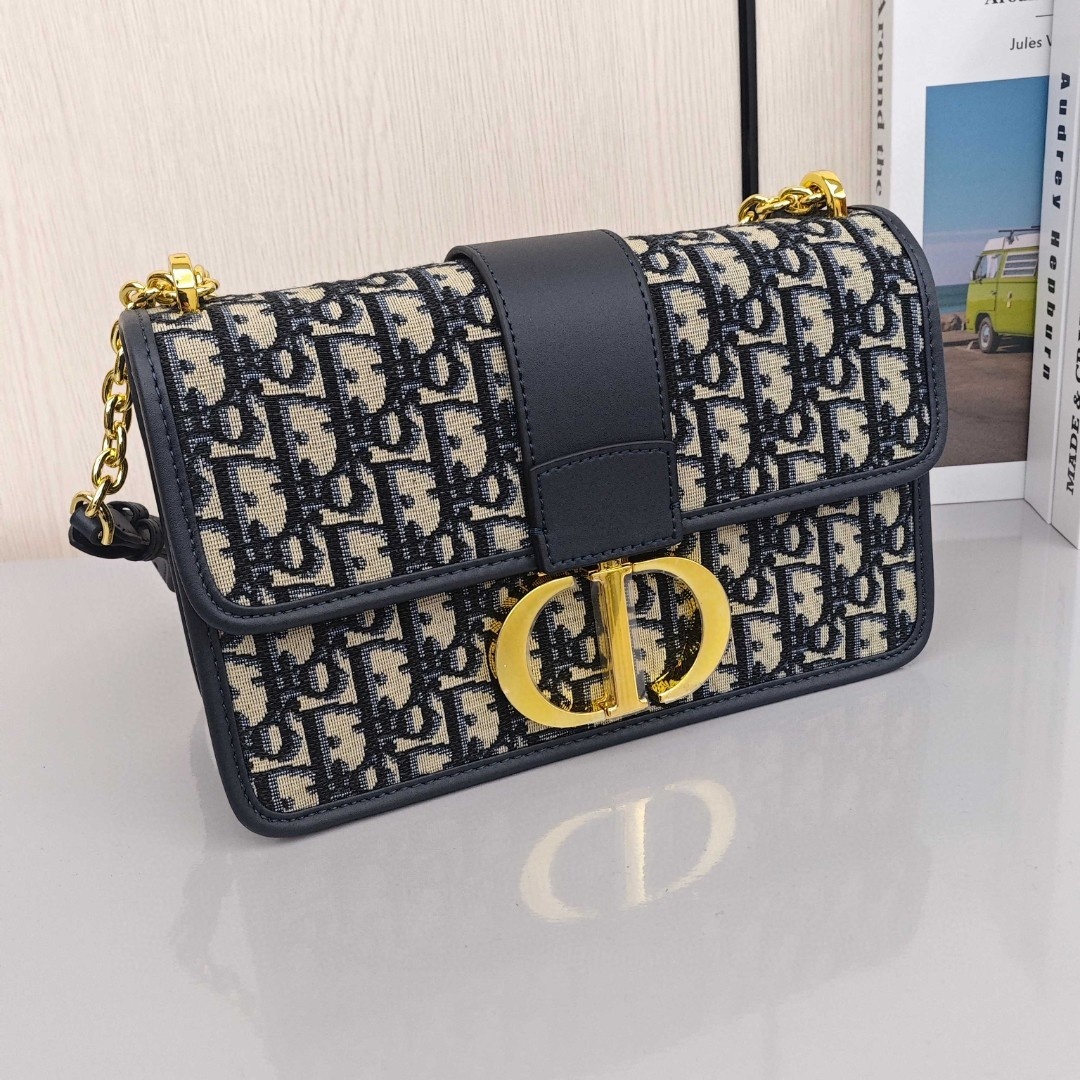 DIOR 30 Montaigne Collection, Monogram All - Over Embroidered Oblique Print with Metal Chain, Medium Size, Women's Style, Denim Blue