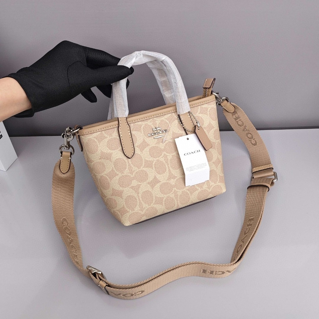 COACH City 15 Coated Canvas Tote Bag / Shopping Bag / Shoulder - Crossbody - Handbag, Mini Size, Women's Style, Taupe