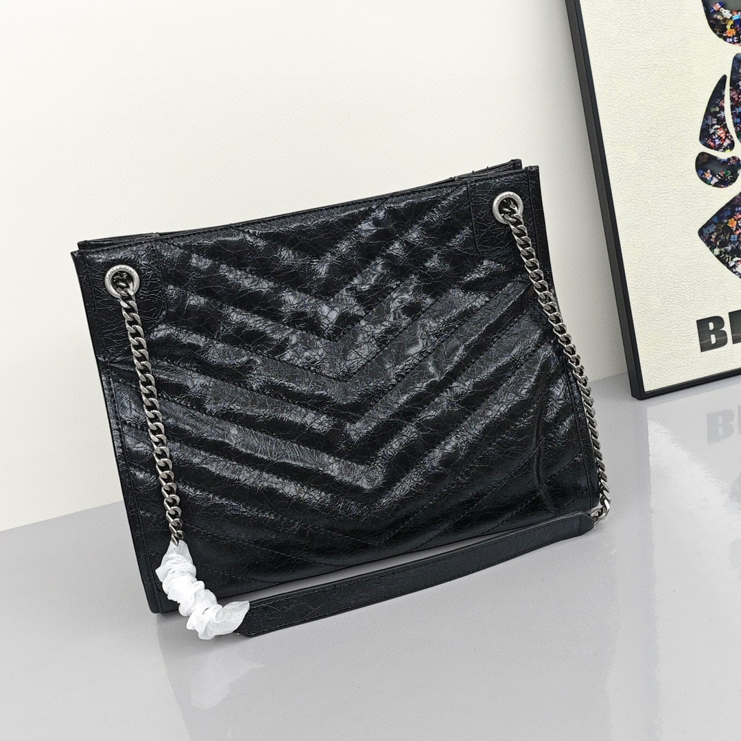 SAINT LAURENT YSL Retro Chain - Pleated Large - Capacity Leather Tote Bag, Women's Style, Black