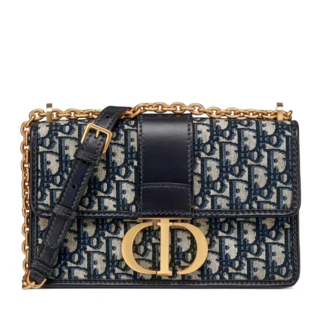 DIOR 30 Montaigne Collection, Monogram All - Over Embroidered Oblique Print with Metal Chain, Medium Size, Women's Style, Denim Blue