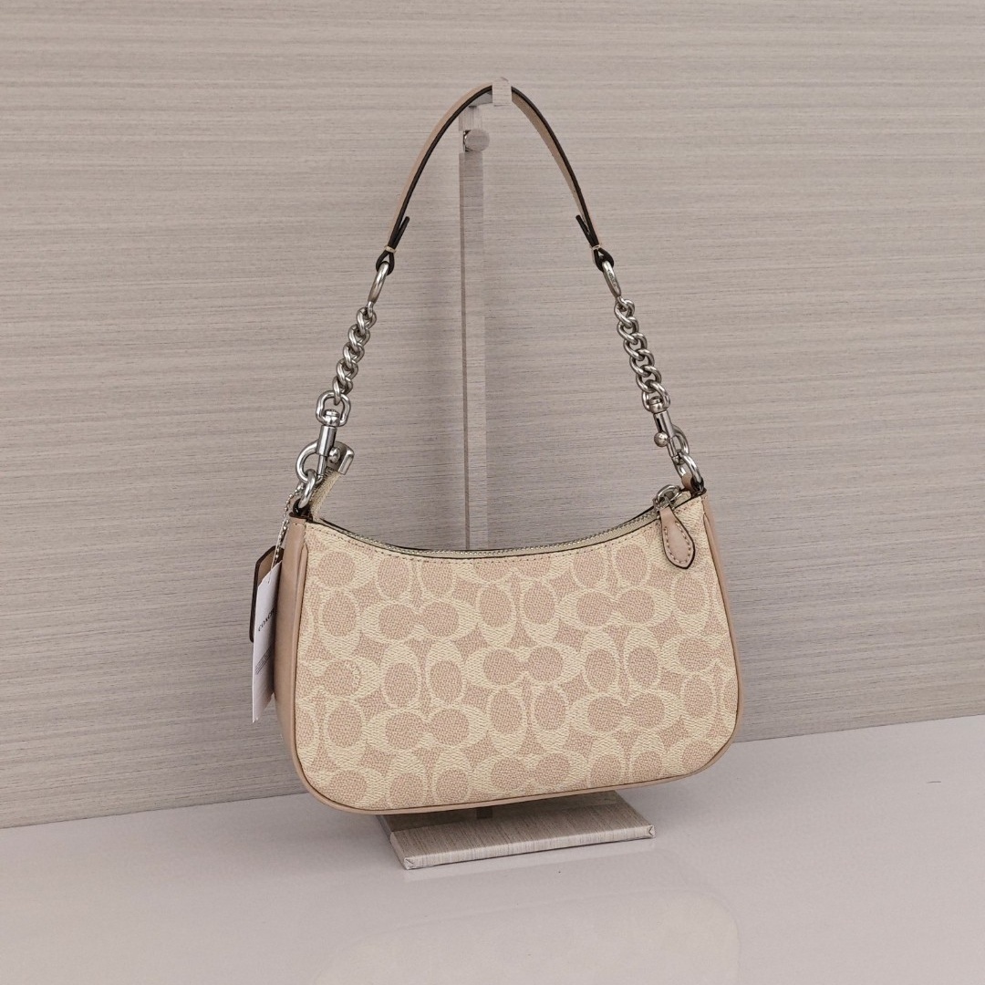 COACH Teri 24 Classic Monogram Logo Shoulder - Crossbody - Handbag, Medium Size, Women's Style, Sand - Yellow with Taupe