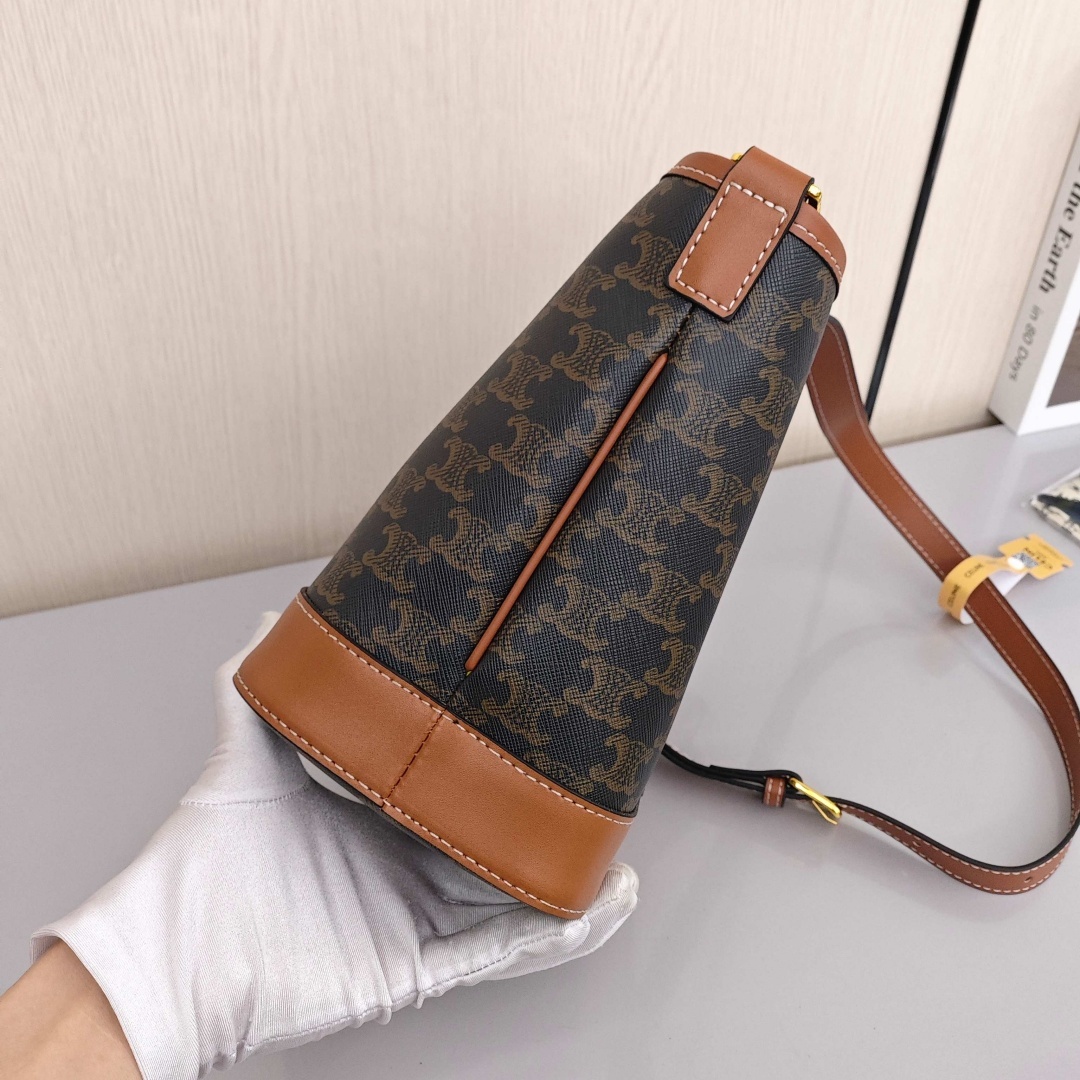 CELINE Triomphe Classic Monogram All - Over Print Canvas with Calfskin Trim Bucket Bag, Medium Size, Women's Style, Tan