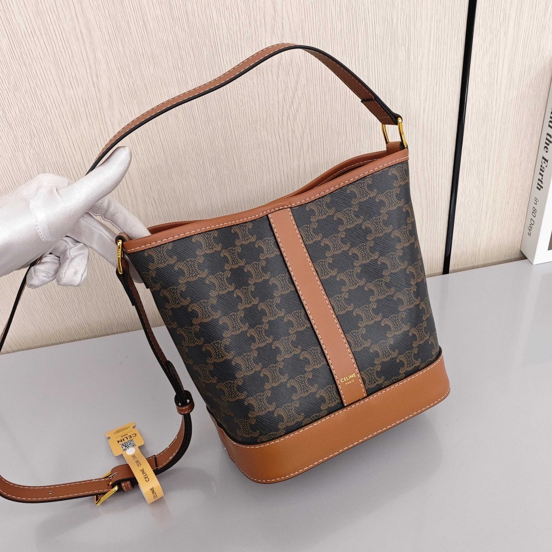 CELINE Triomphe Classic Monogram All - Over Print Canvas with Calfskin Trim Bucket Bag, Medium Size, Women's Style, Tan