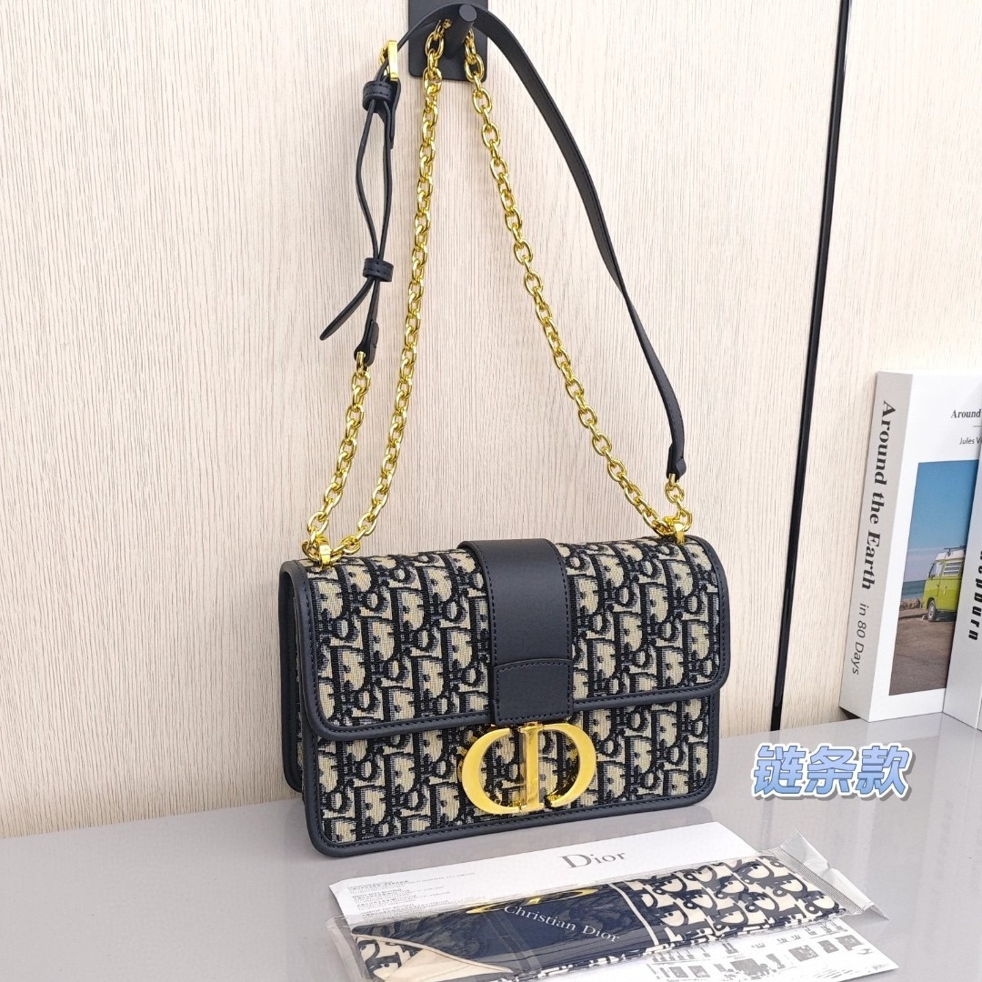 DIOR 30 Montaigne Collection, Monogram All - Over Embroidered Oblique Print with Metal Chain, Medium Size, Women's Style, Denim Blue