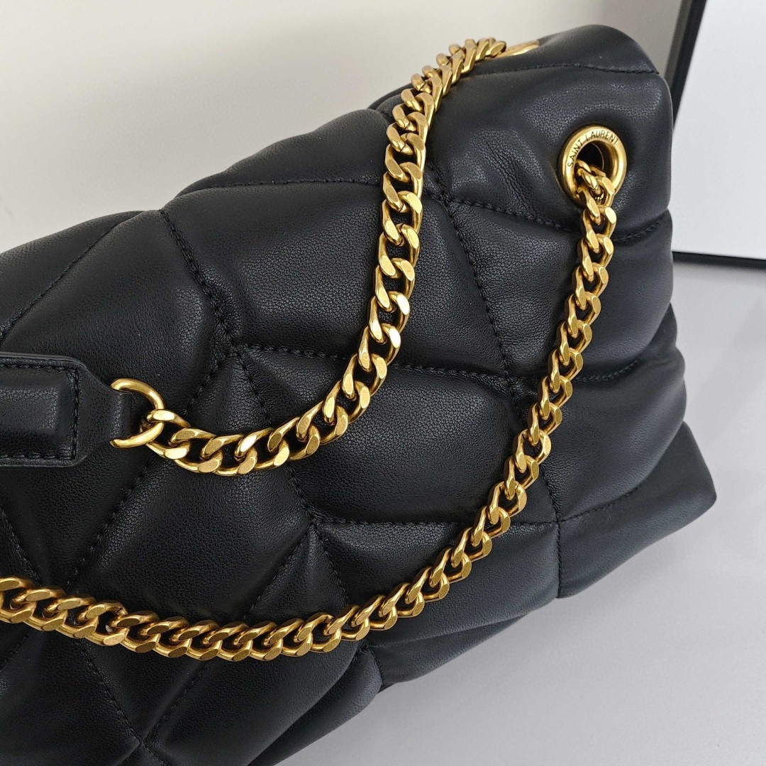 SAINT LAURENT YSL LOULOUPUFFER, Gold - Logo Chain, Lambskin Leather Cloud Bag, Women's Style, Black