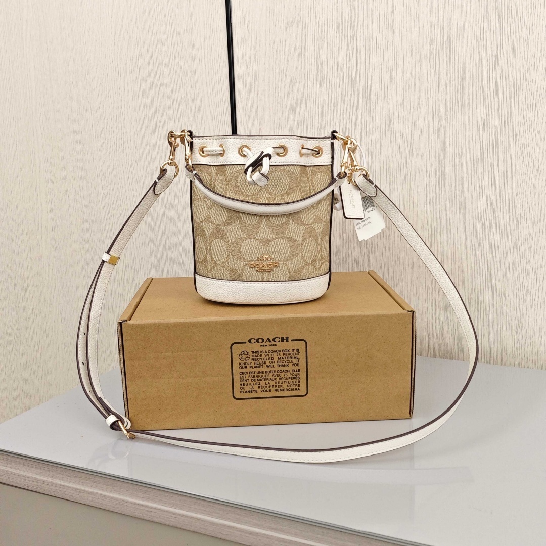 COACH Dempsey 15 Classic Monogram Canvas Coating with Cowhide Trim Bucket Bag, Handbag & Crossbody Bag, Mini Size, Women's Style, Light Khaki