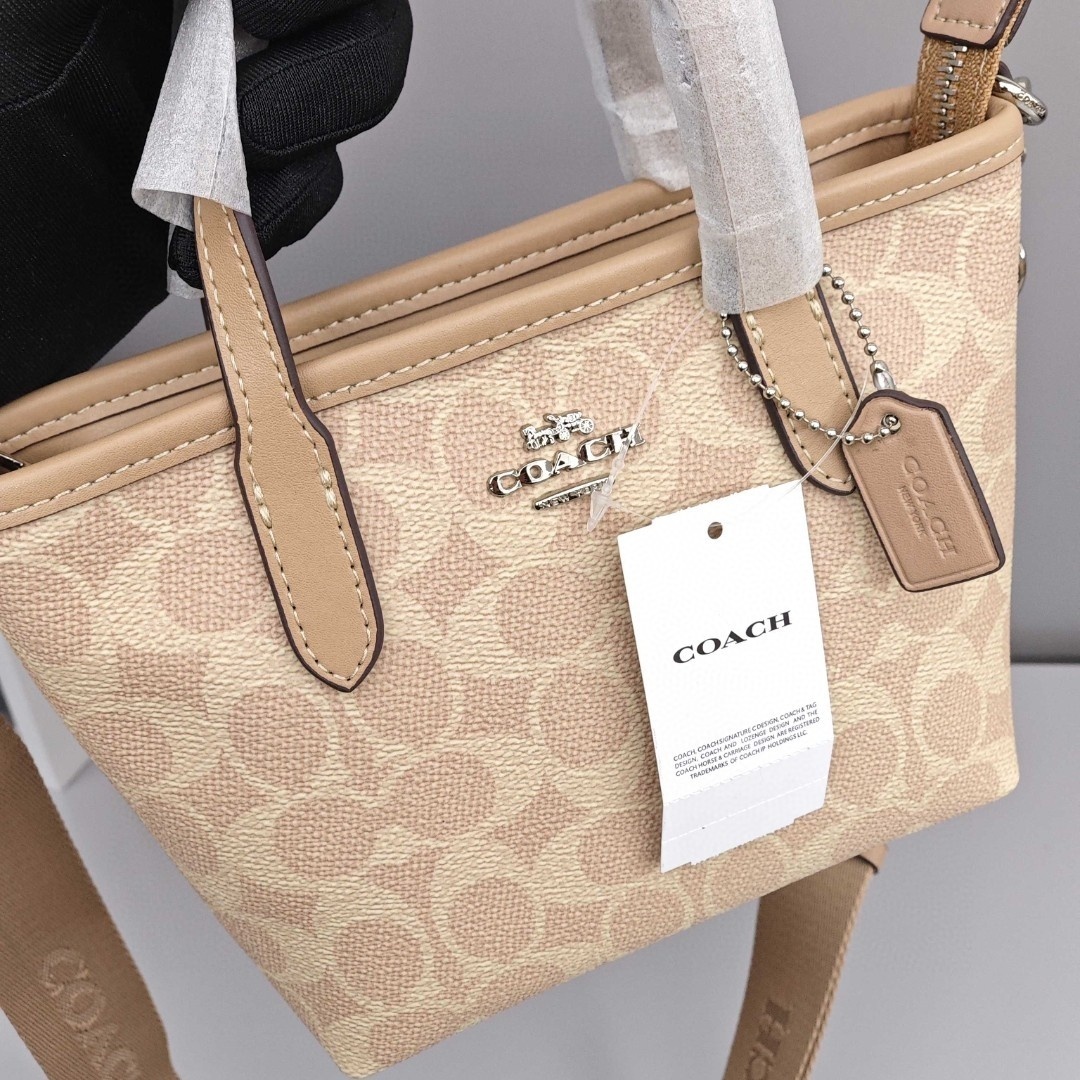 COACH City 15 Coated Canvas Tote Bag / Shopping Bag / Shoulder - Crossbody - Handbag, Mini Size, Women's Style, Taupe