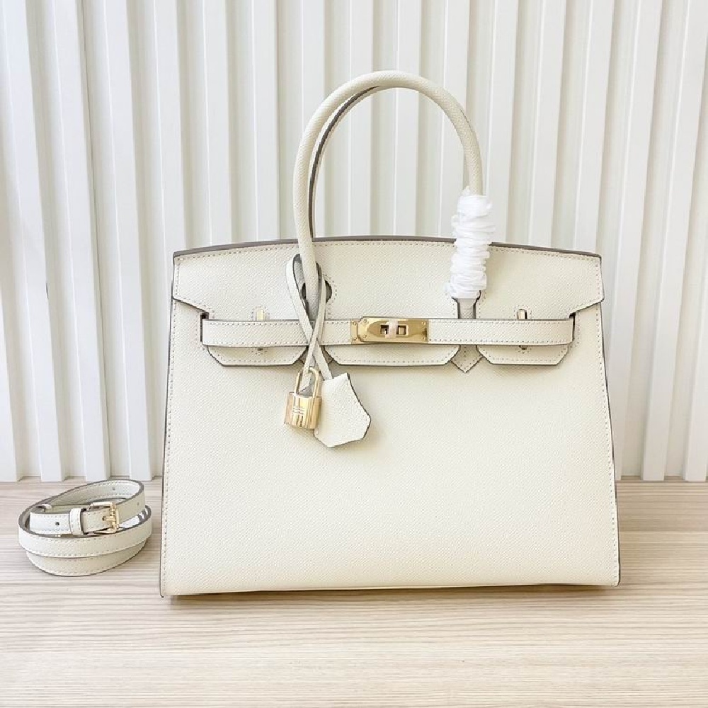 HERMES Birkin 30 with gold buckle, made of Togo leather, in Mushroom White color