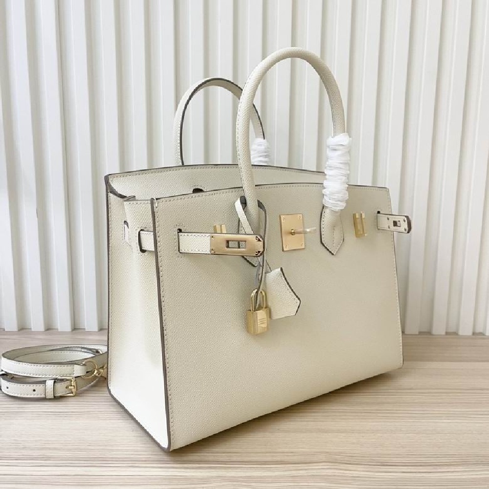 HERMES Birkin 30 with gold buckle, made of Togo leather, in Mushroom White color