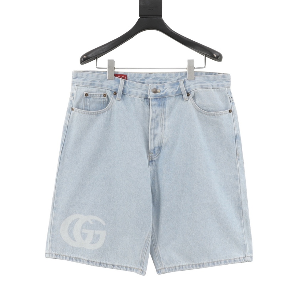 GUCCI GUC Double G Print Washed Blue Denim Shorts