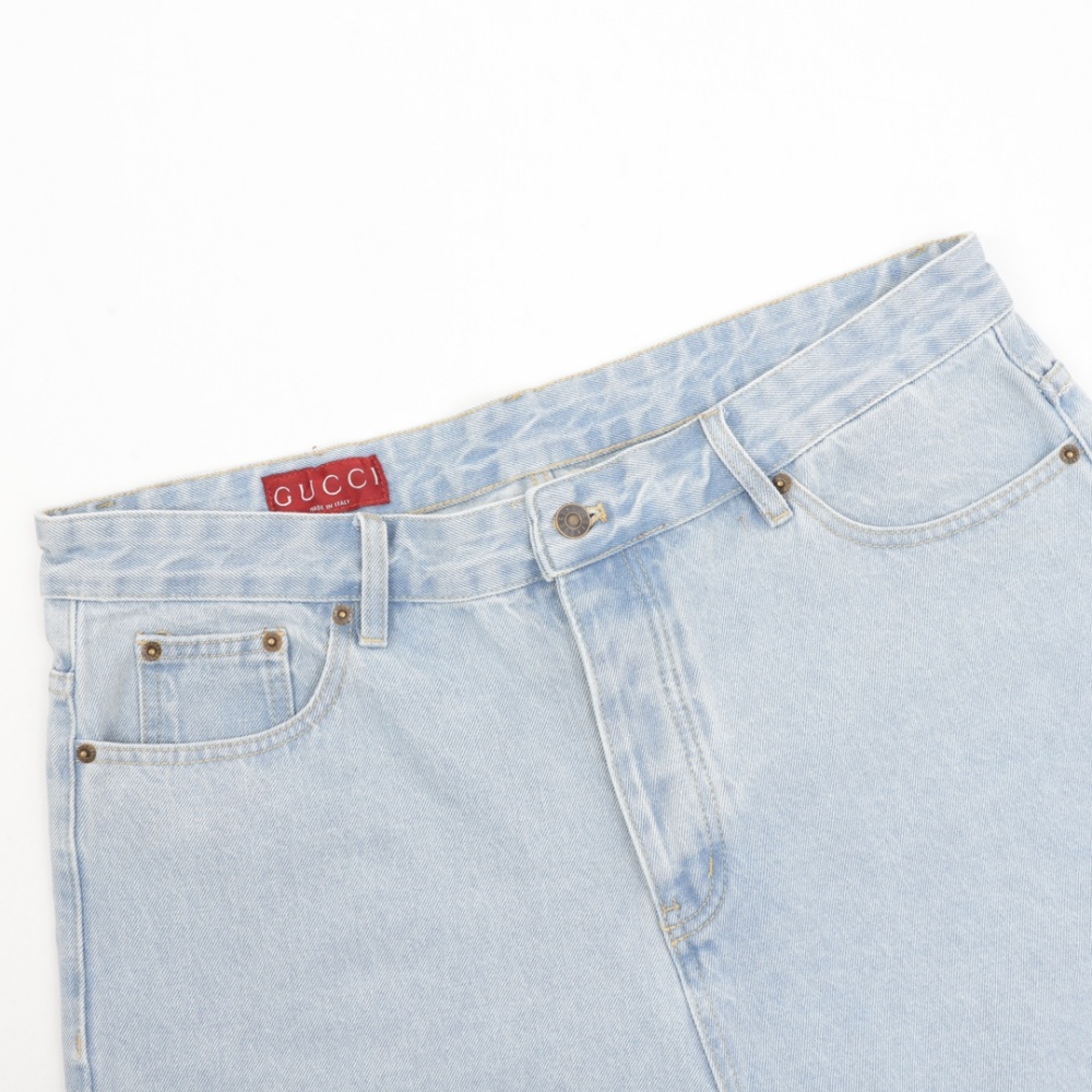 GUCCI GUC Double G Print Washed Blue Denim Shorts