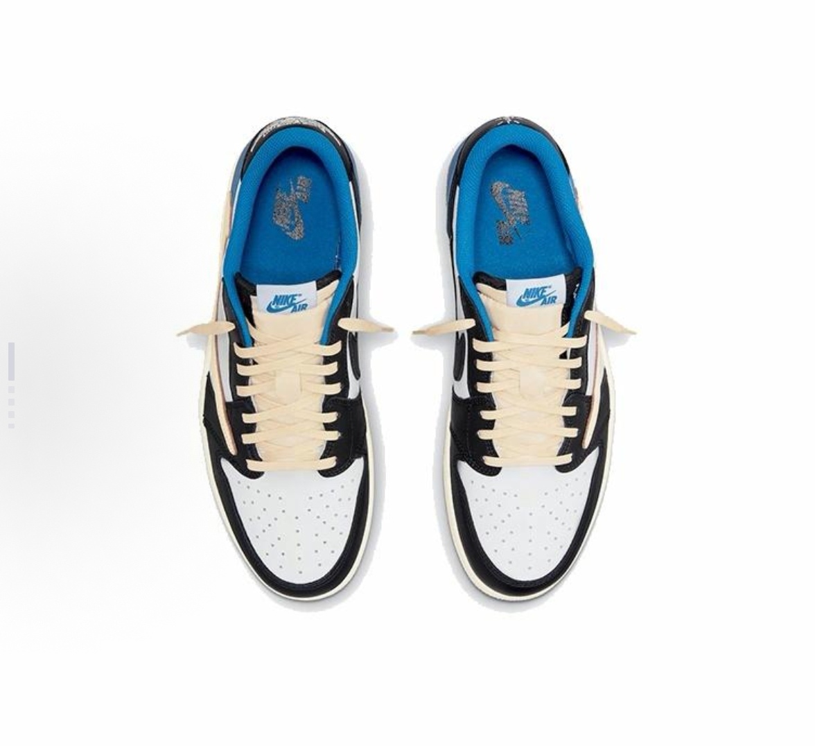 Travis Scott x Fragment Design x Jordan Air Jordan 1 Low OG SP Hook 2.0 Tripartite collaboration Lightning Low-top basketball shoes, unisex white, blue and black