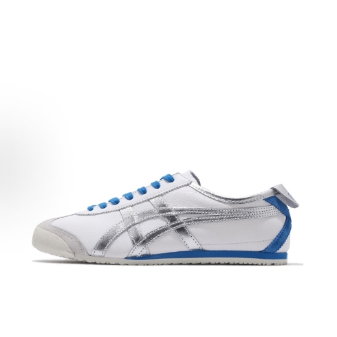 Onitsuka Tiger, MEXICO 66 Slip-on fabric, synthetic leather, lazy shoes, one-foot kick, lightweight for sports, wear and take off, low-top casual shoes for men and women, white, blue and red