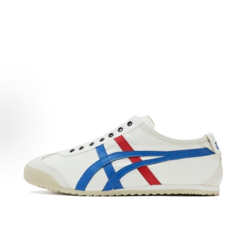 Onitsuka Tiger, MEXICO 66 Slip-on fabric, synthetic leather, lazy shoes, one-foot kick, lightweight for sports, wear and take off, low-top casual shoes for men and women, white, blue and red