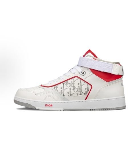 DIOR B27 Cowhide high-top Fashion Sneakers for Men and women in white and red