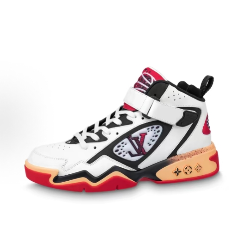 LOUIS VUITTON Trainer 2 Cowhide adjustable Velcro basketball shoes, anti-slip and wear-resistant, mid-top sports casual shoes, men's style, white and black, flower