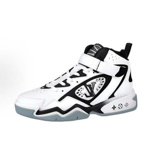 LOUIS VUITTON Trainer 2 Cowhide adjustable Velcro basketball shoes, anti-slip and wear-resistant, mid-top sports casual shoes, men's style, white and black, flower