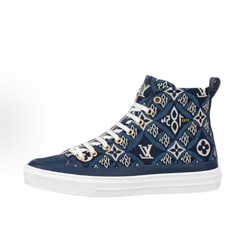 The LOUIS VUITTON Stellar is a high-top, high-top fashion board shoe and women's denim with a full printed pattern on the upper