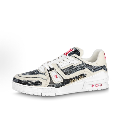 LOUIS VUITTON Trainer hand-painted graffiti Low-top lace-up low-top fashion sneakers for men and women in white and black