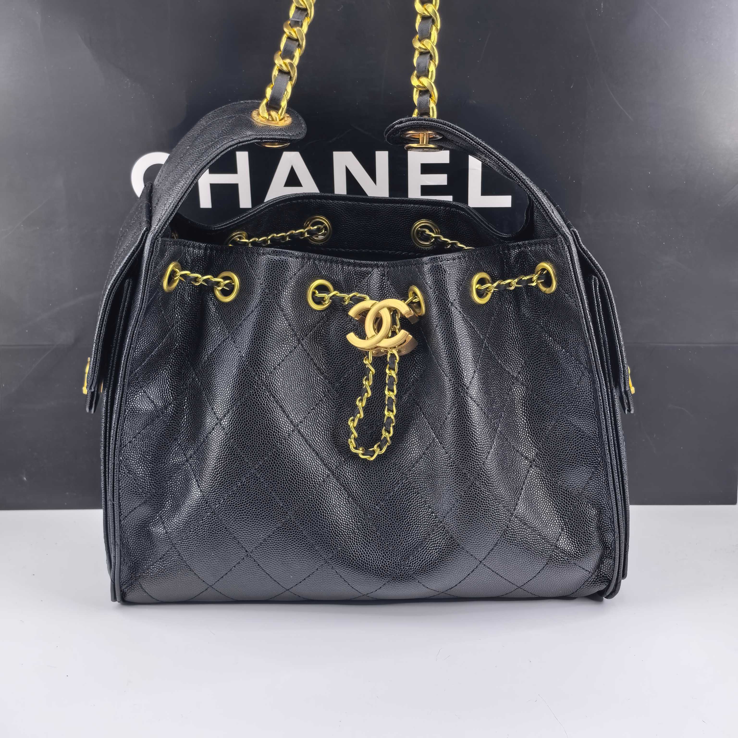 CHANEL 25C 8016 Caviar Leather Drawstring Bucket Hobo