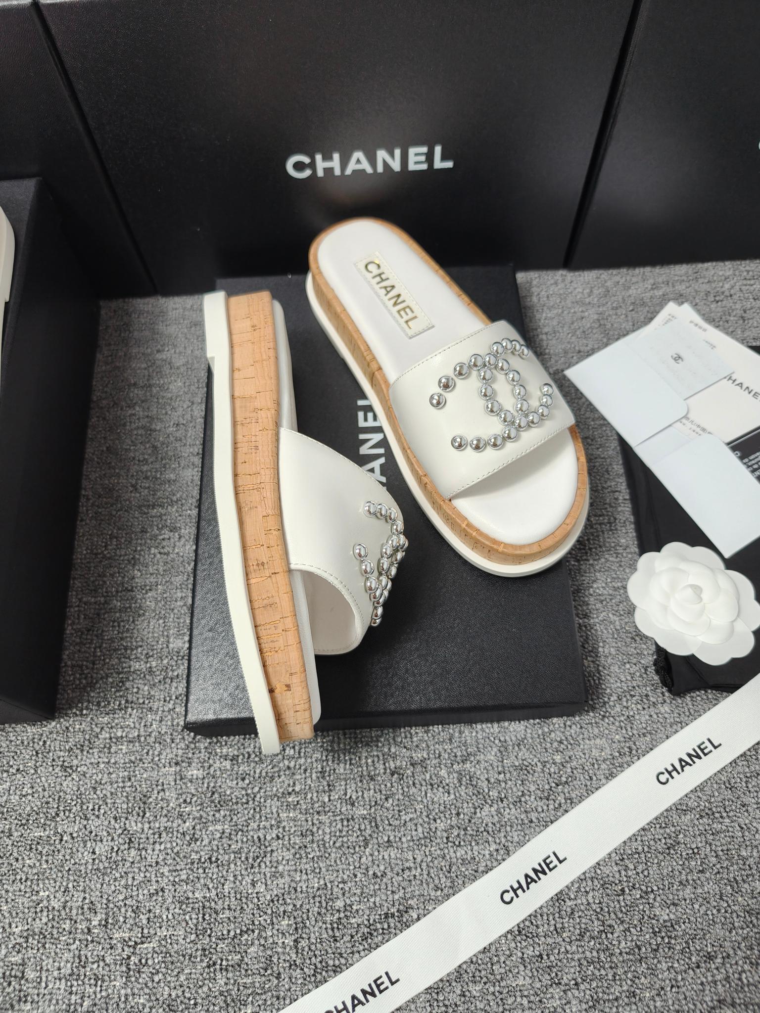 Chanel Double C Wooden Thick Bottom Pearls Heels Slippers Sandals Shoes