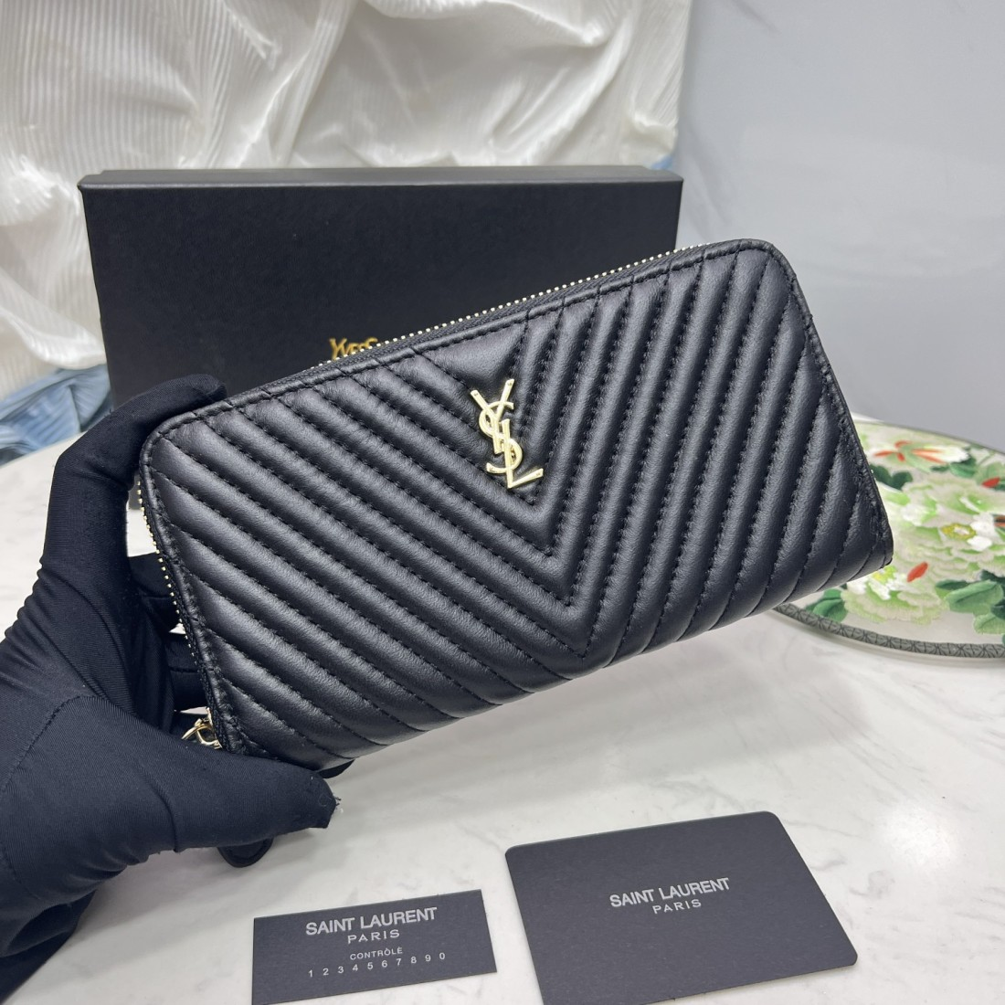 Saint Laurent YSL Caivar  Zipper Long Wallet Purse