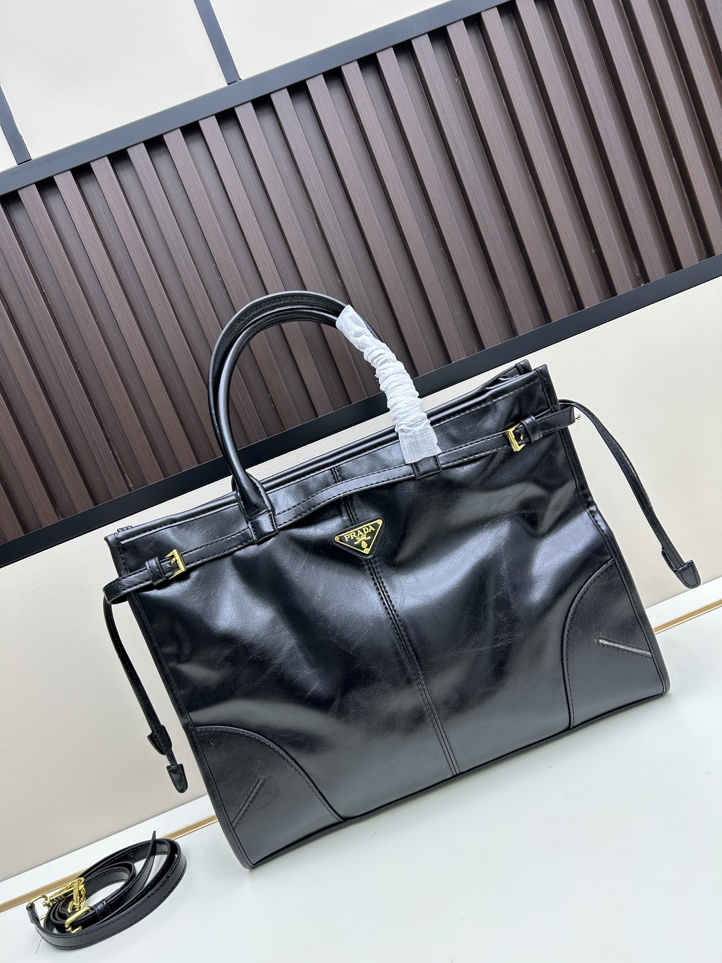 Prada 446 Lux Soft Large Black Waxed Leather Tote Bag 10A