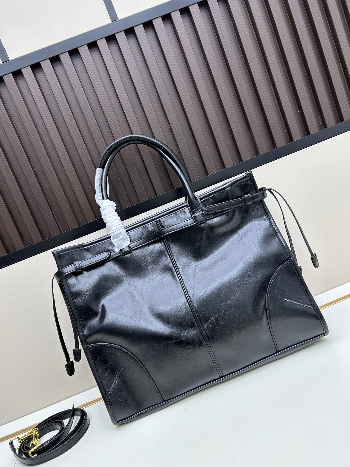 Prada 446 Lux Soft Large Black Waxed Leather Tote Bag 10A