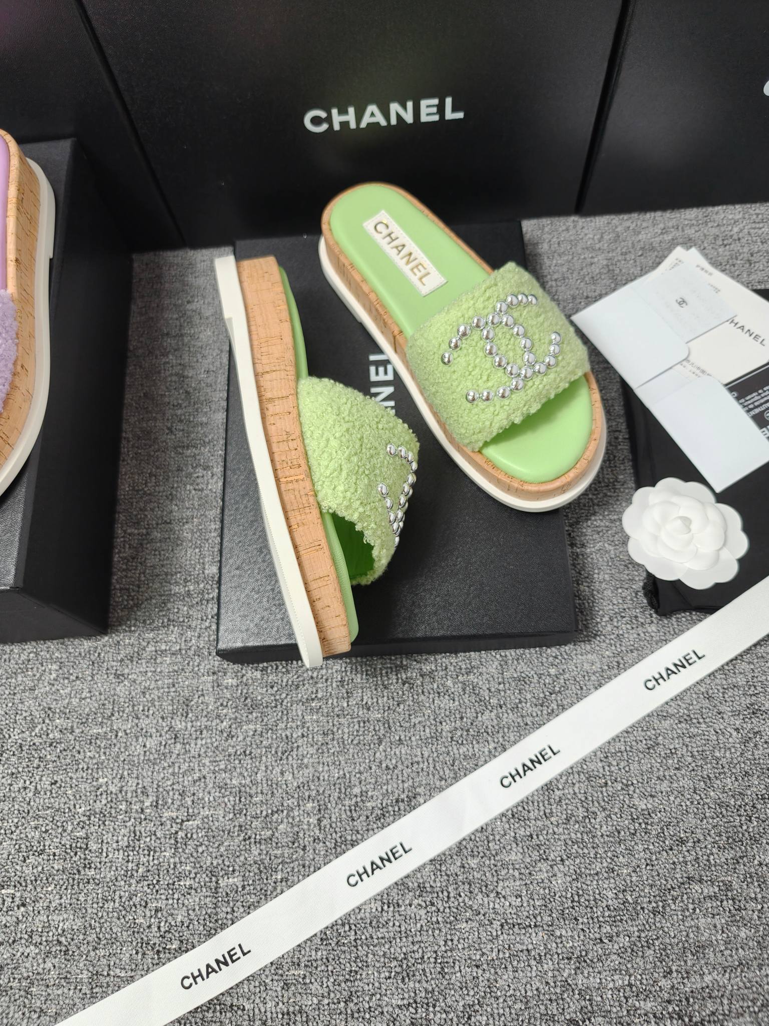 Chanel Double C Wooden Thick Bottom Pearls Heels Slippers Sandals Shoes