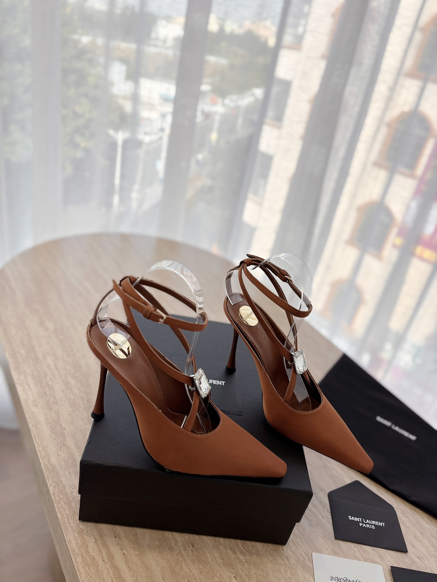 Saint Laurent YSL 25ss Big Rhinestone Pointed Toe Heeled  Sandals Shoes