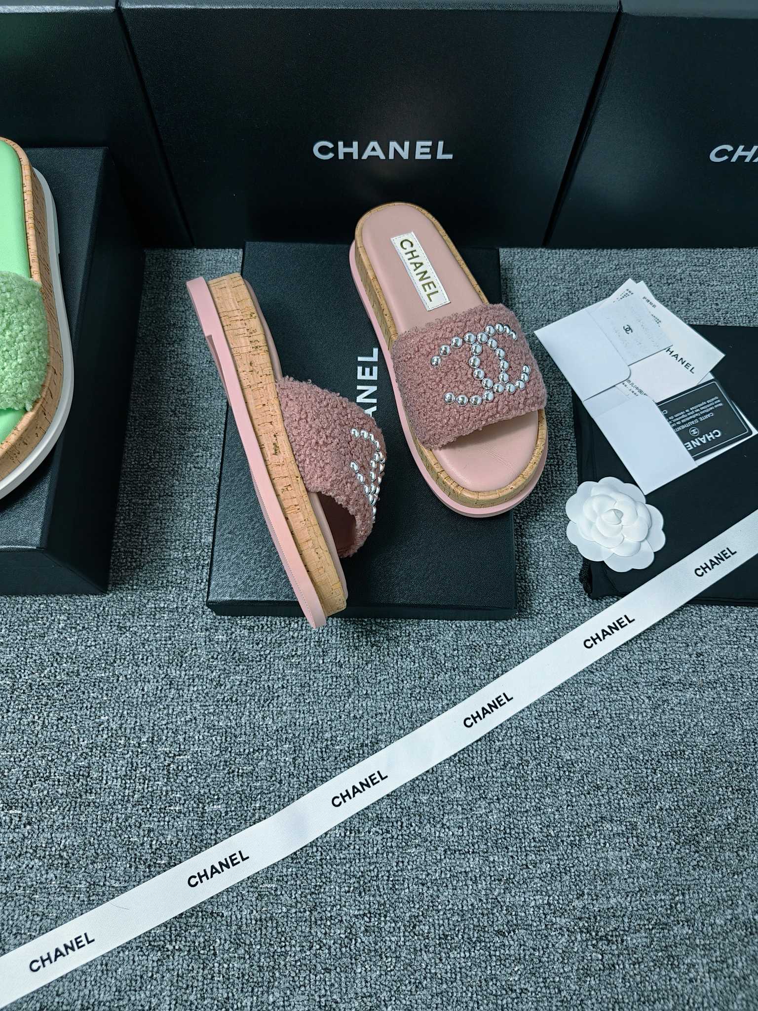 Chanel Double C Wooden Thick Bottom Pearls Heels Slippers Sandals Shoes