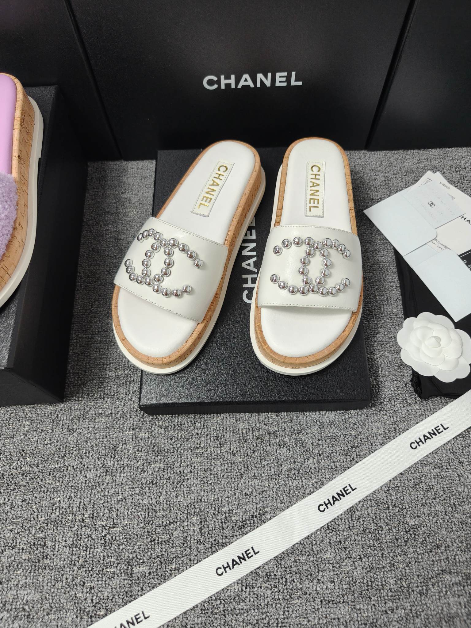 Chanel Double C Wooden Thick Bottom Pearls Heels Slippers Sandals Shoes