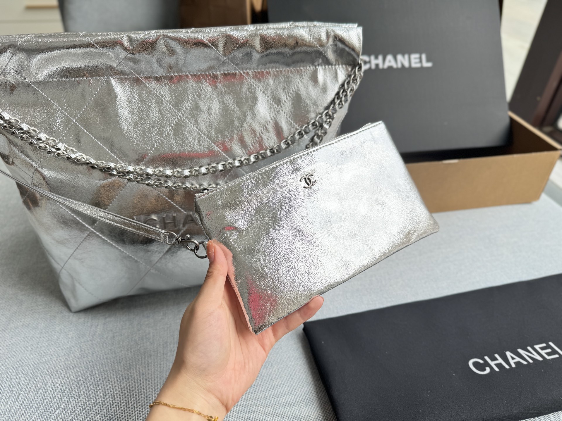 Chanel 22 Bag Shiny Calfskin Hobo Bag