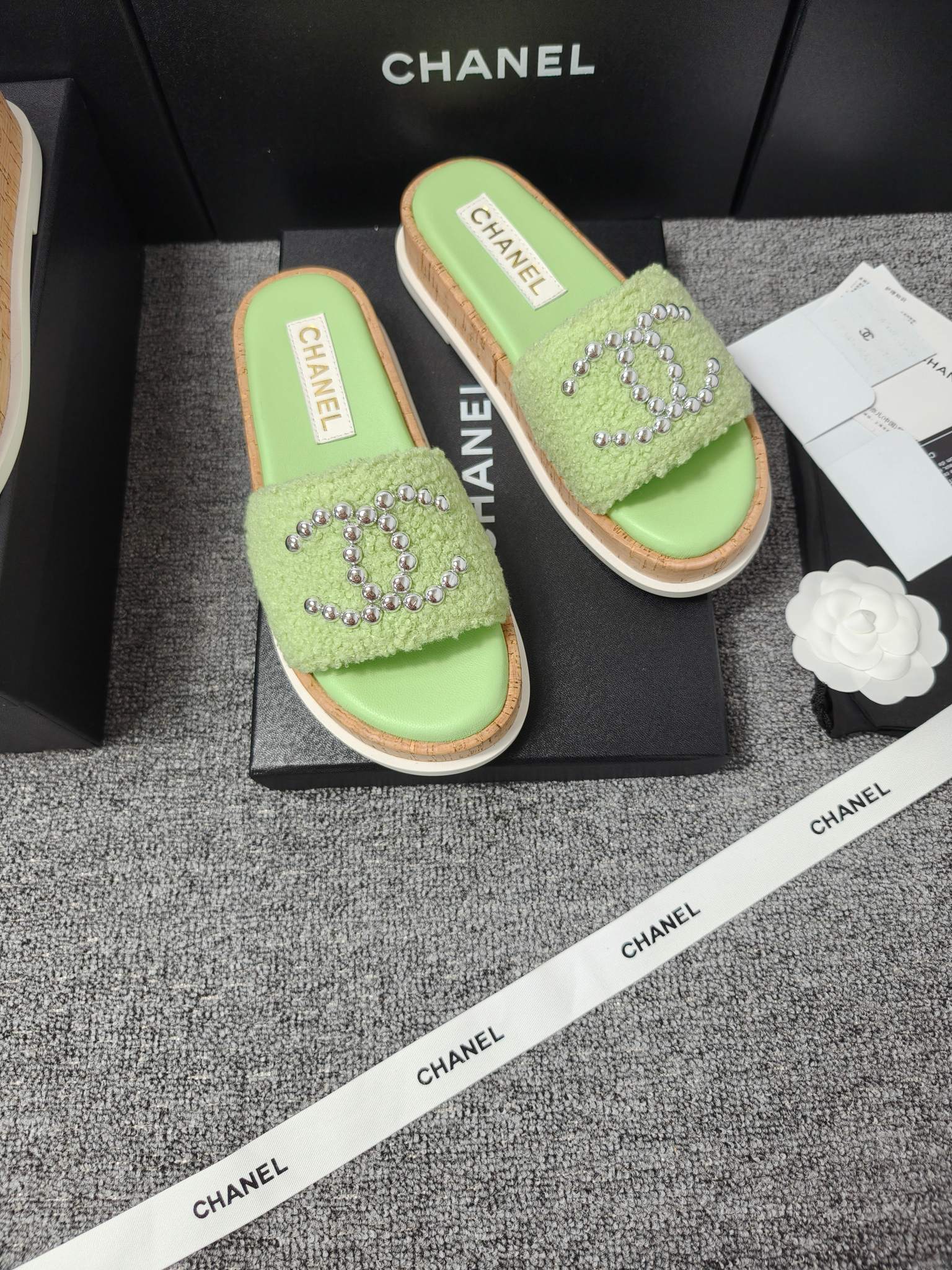 Chanel Double C Wooden Thick Bottom Pearls Heels Slippers Sandals Shoes