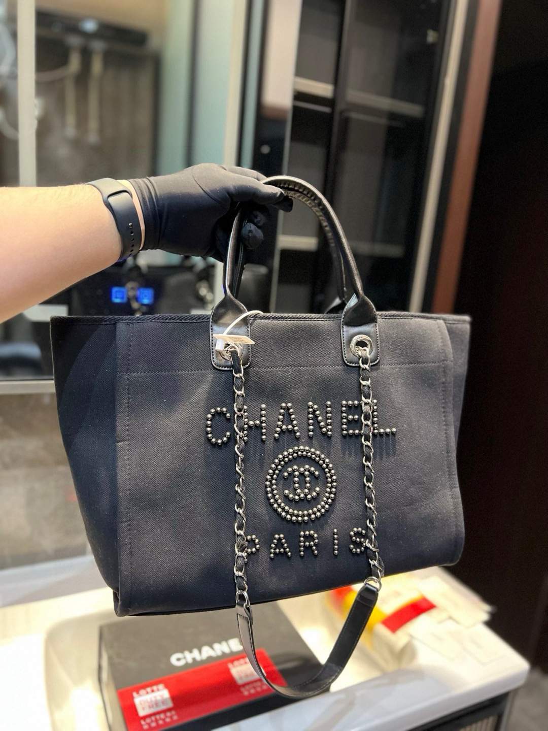 Chanel Pearl Embroidered Beach Tote Bag