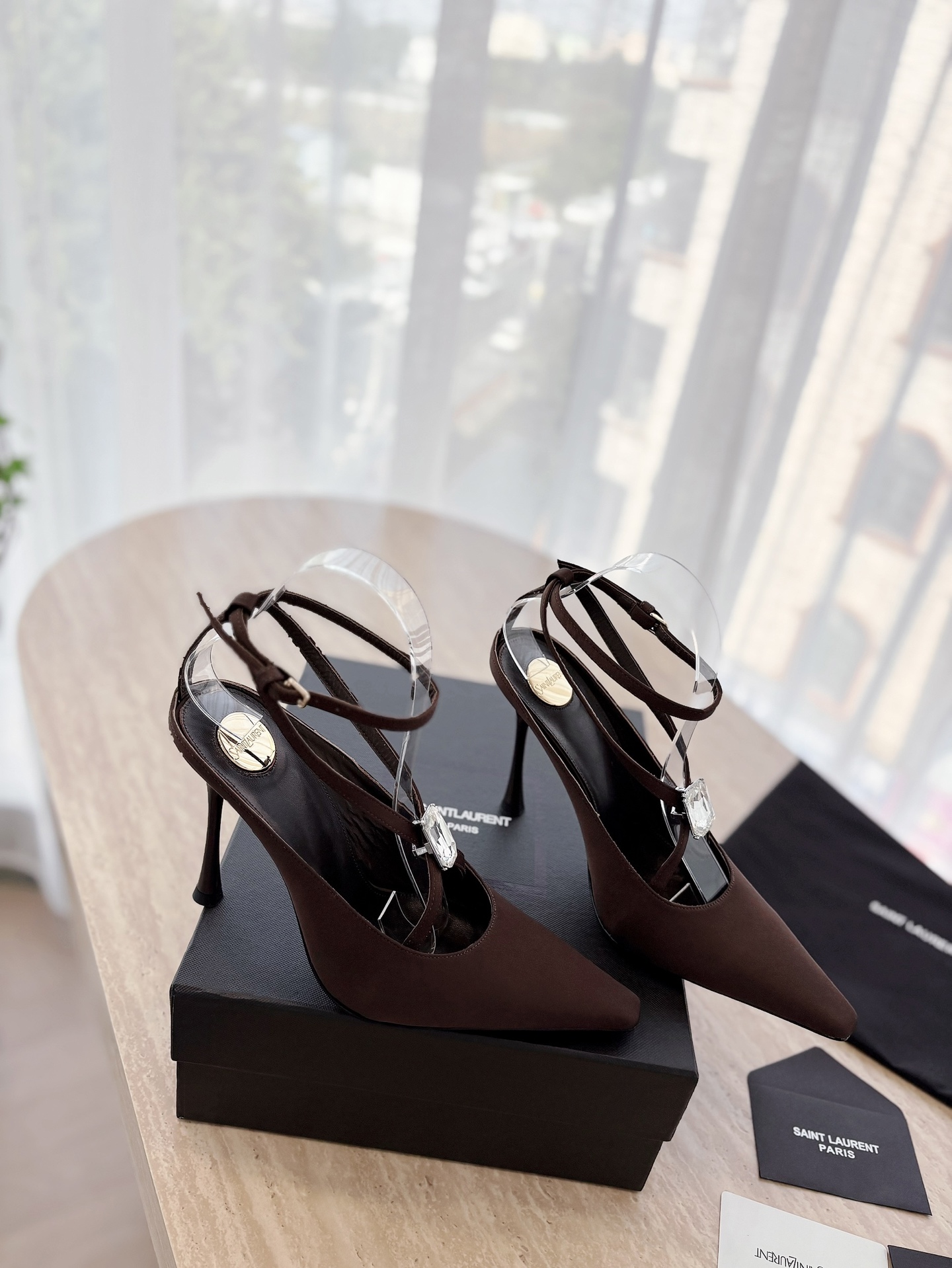 Saint Laurent YSL 25ss Big Rhinestone Pointed Toe Heeled  Sandals Shoes