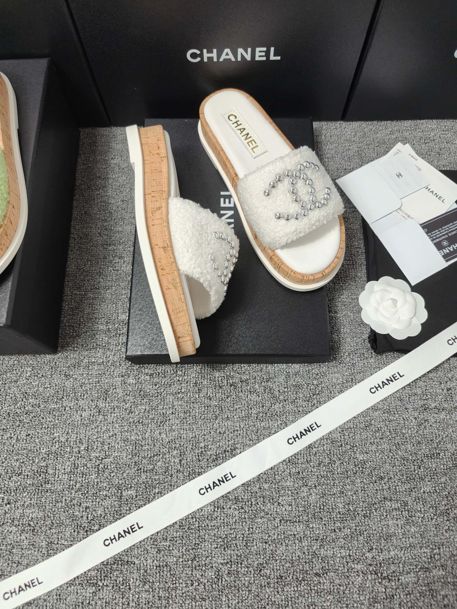 Chanel Double C Wooden Thick Bottom Pearls Heels Slippers Sandals Shoes