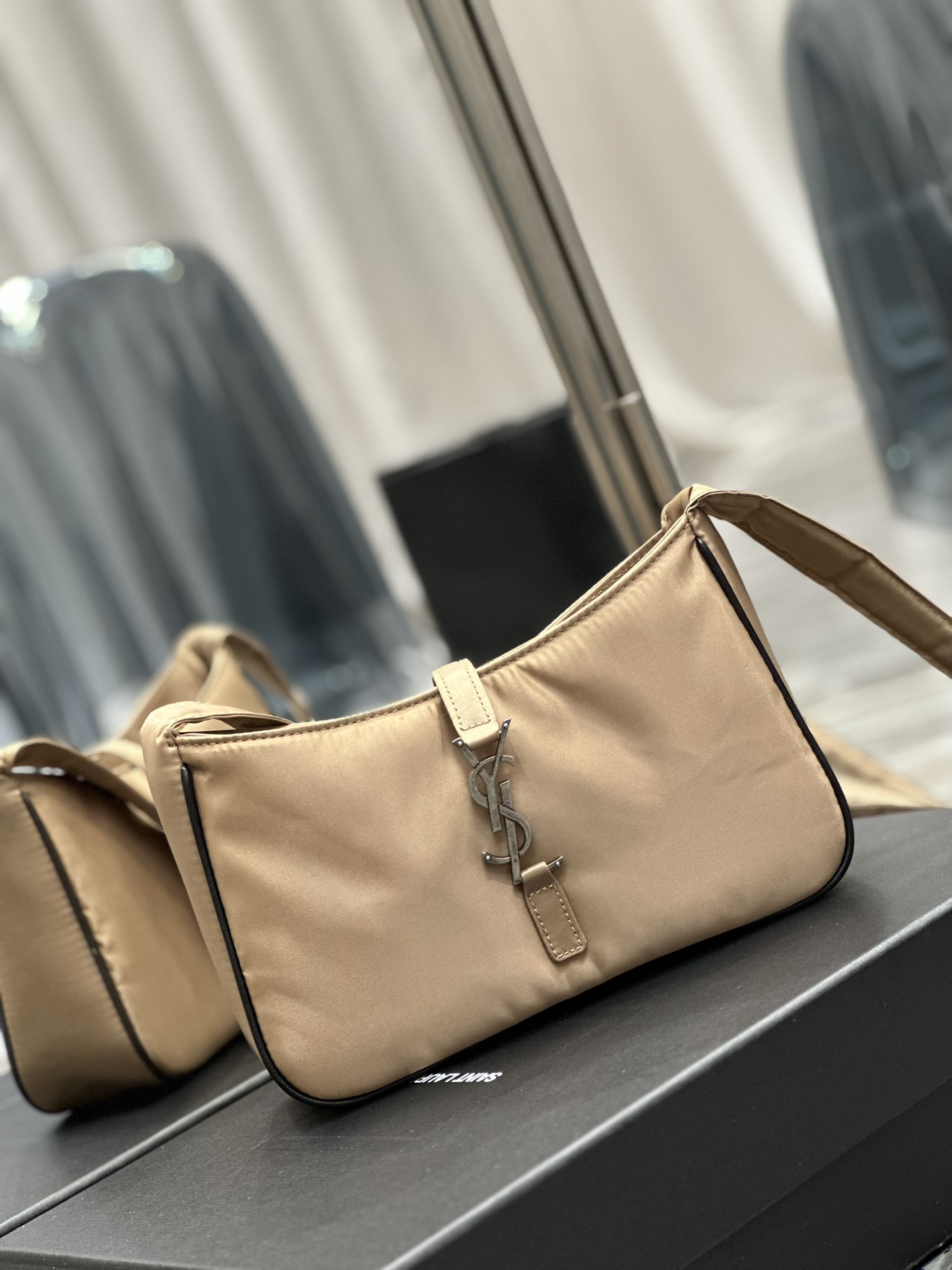 Saint Laurent 10A Handbag Shoulder Bag Top Mirror Quality Version Apricot Silver Buckle with Black Trim Nylon