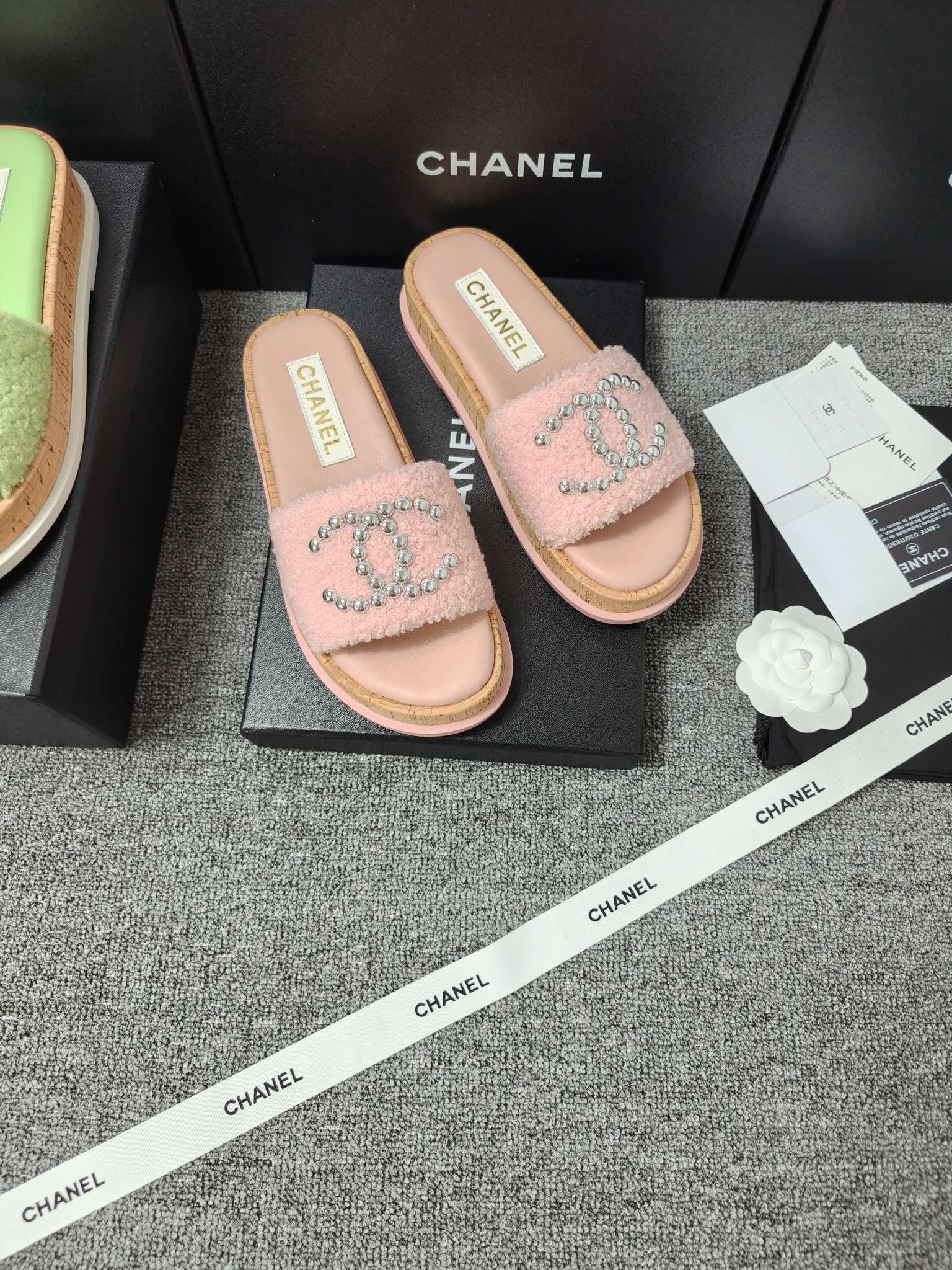 Chanel Double C Wooden Thick Bottom Pearls Heels Slippers Sandals Shoes
