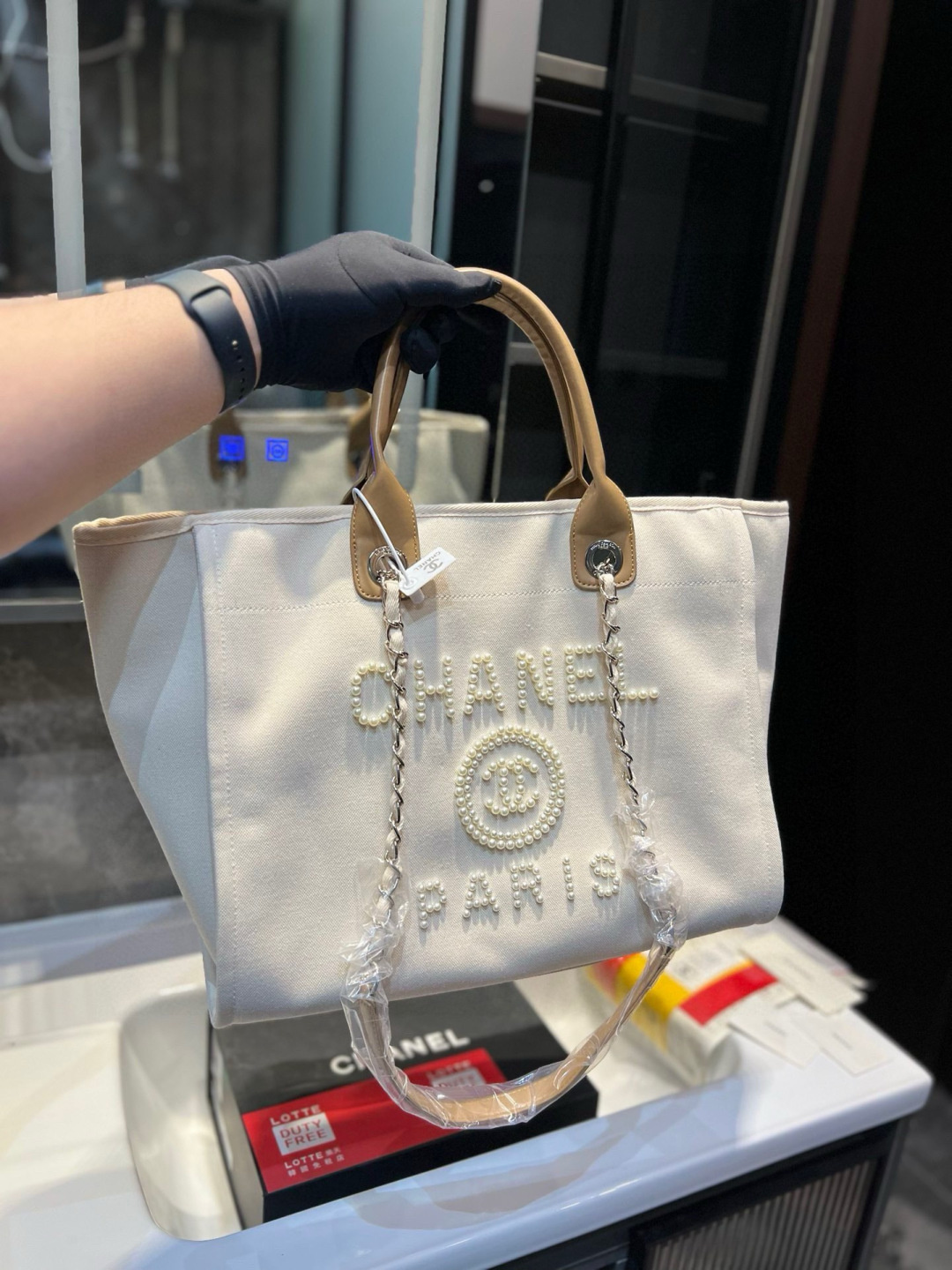 Chanel Pearl Embroidered Beach Tote Bag