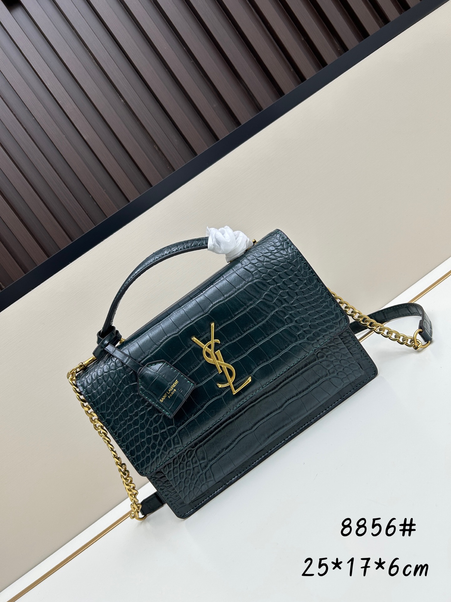 YSL Sunset 8856 Croc-Embossed Leather Top Handle Chain Bag