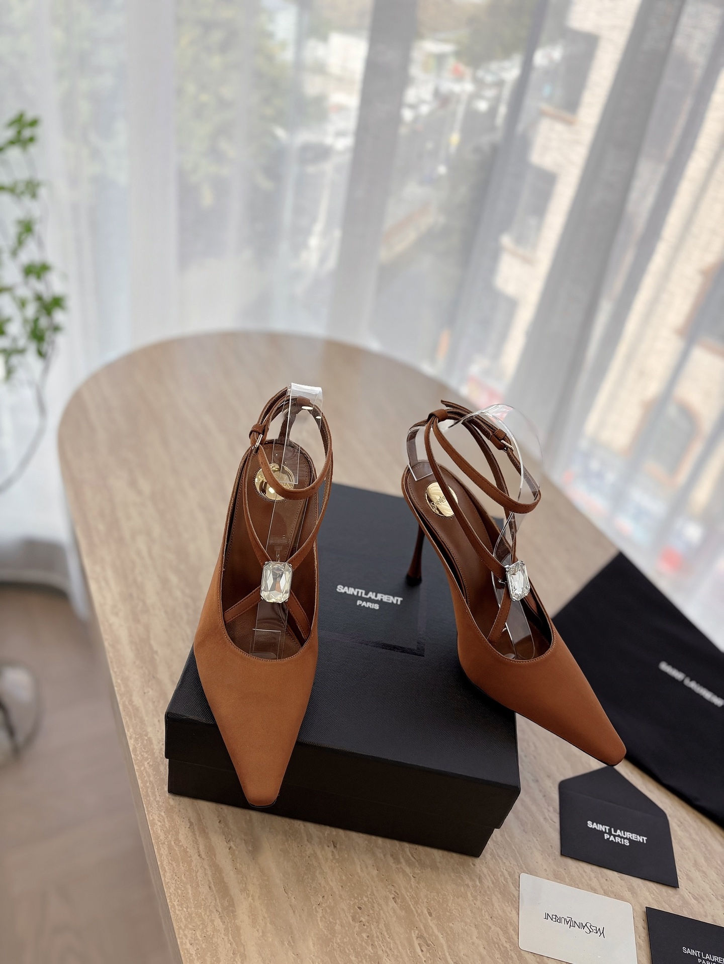 Saint Laurent YSL 25ss Big Rhinestone Pointed Toe Heeled  Sandals Shoes