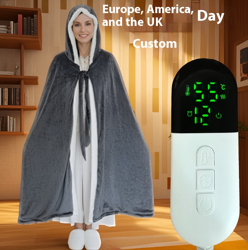 Electric Heated Blanket Shawl with Hood – Adjustable Temperature, Heated Back, Cozy Fleece Lining for Warmth and Comfort