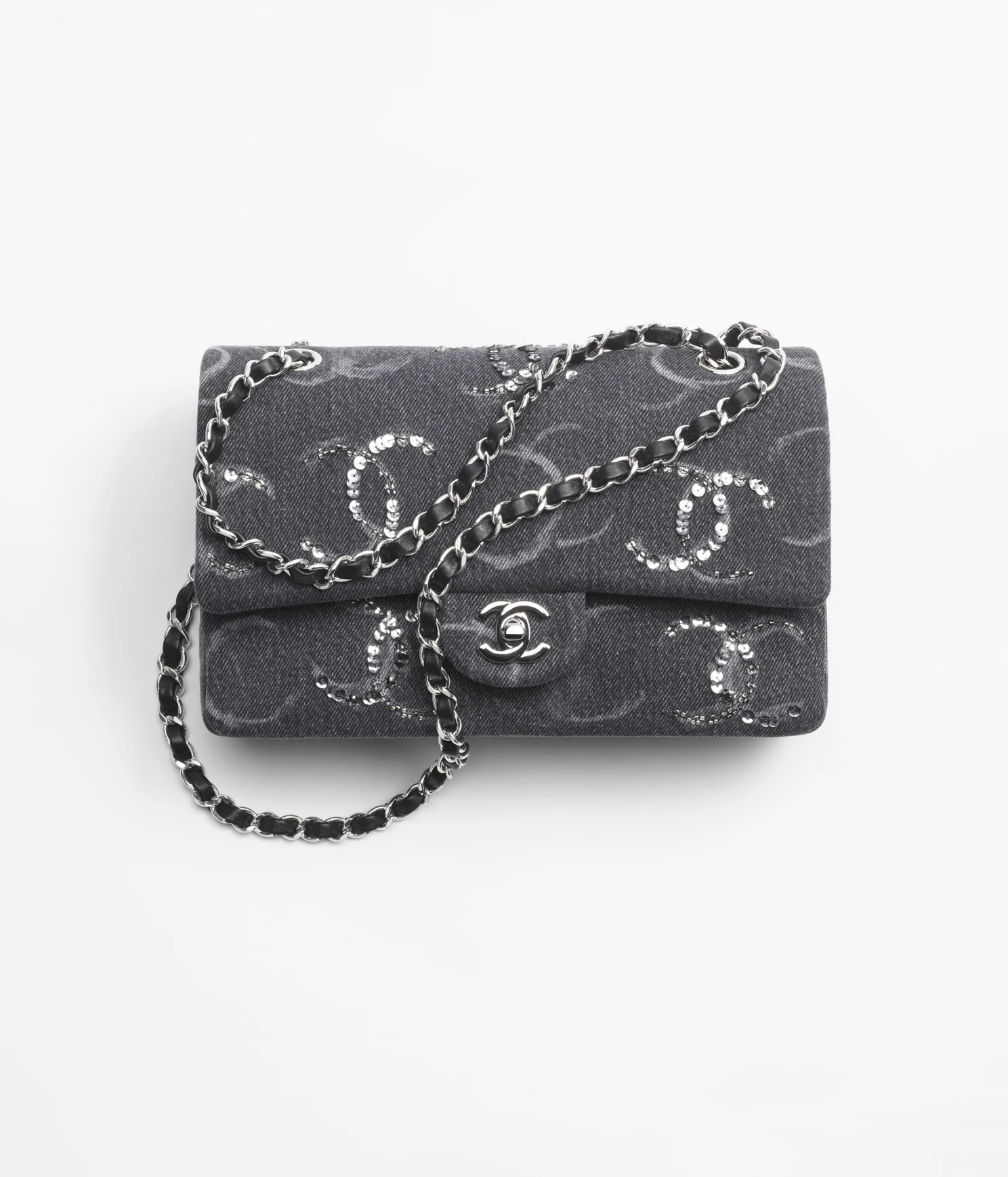 CHANEL / CLASSIC HANDBAG Embroidered Denim, Sequins & Silver-Tone Metal Black