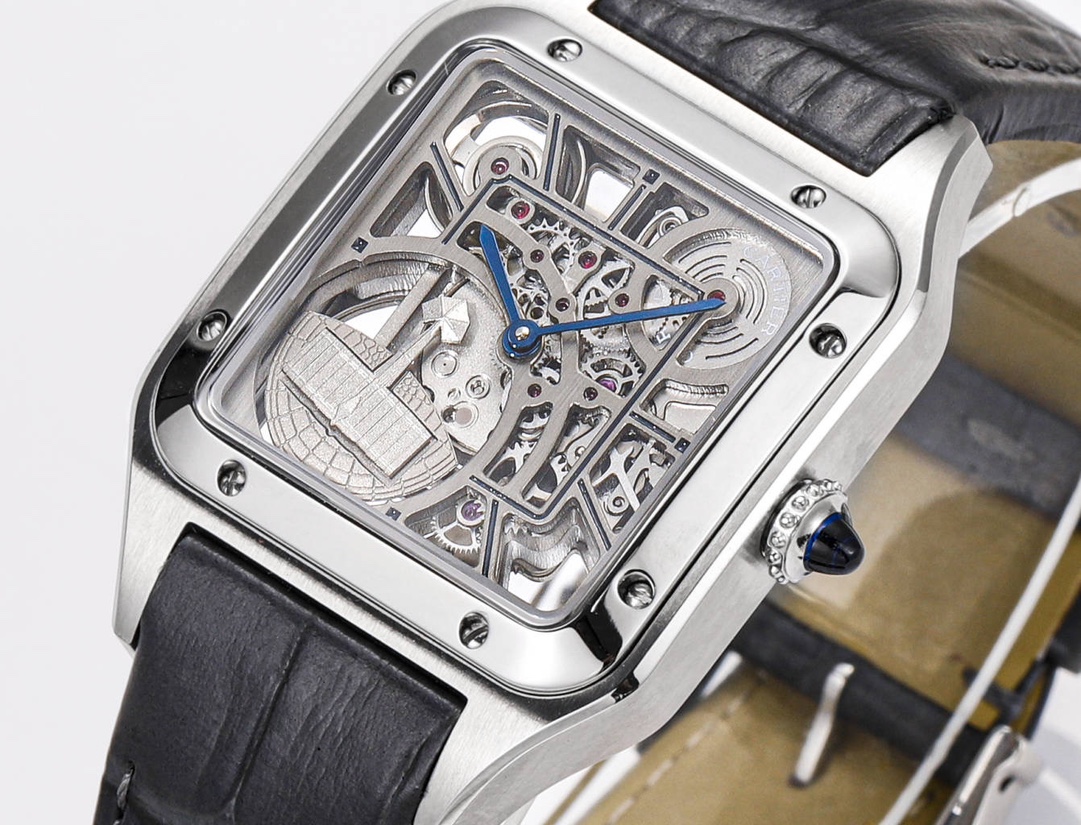 Cartier Santos Skeleton Stainless Steel & Sapphire, Transparent Dial, 100M Water Resistant, Iconic Aviation-Inspired Luxury Watch for Men