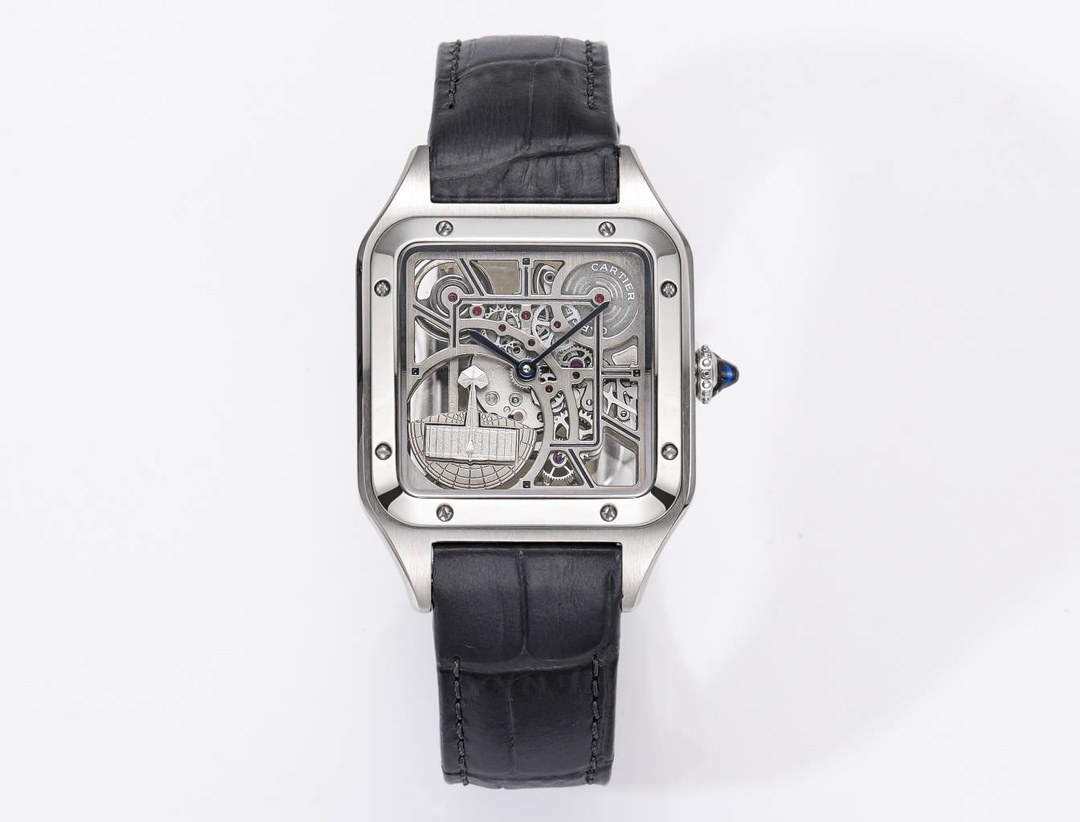 Cartier Santos Skeleton Stainless Steel & Sapphire, Transparent Dial, 100M Water Resistant, Iconic Aviation-Inspired Luxury Watch for Men